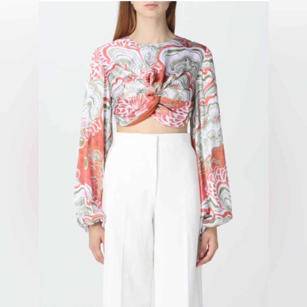 ADREA IYAMAH BEHATI CROP TOP ABSTRACT MUSHROOM Puff Sleeve Crop Top, NWT